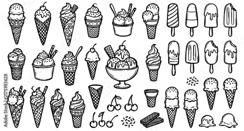 Cute hand drawn ice cream doodles cone cup popsicle sundae vector illustration
