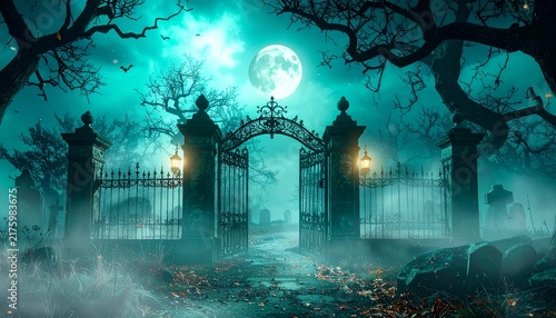 Obraz na płótnie ハロウィン 満月 墓地 門 鉄門 墓石 コウモリ 枯れ木 霧 不気味 ホラー 幽霊 幻想的 怪奇 夜 ナイト ダーク プレースホルダー 背景素材 ファンタジー 宵