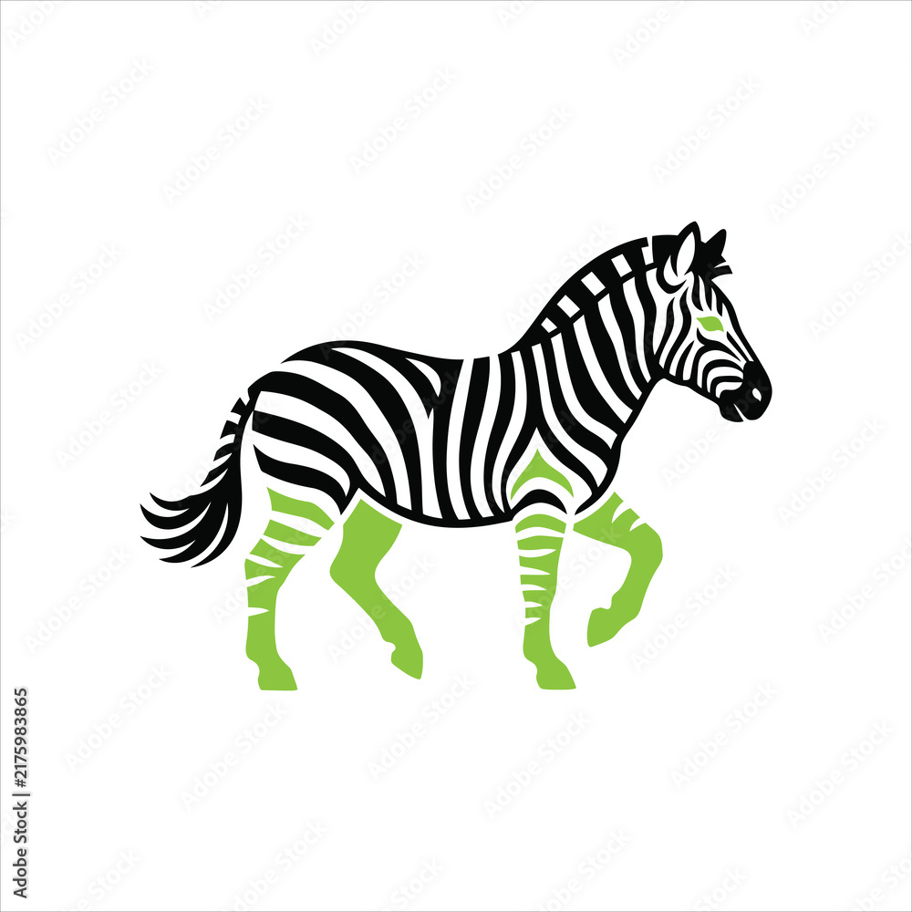 Obraz premium Stylized zebra illustration with black stripes and vibrant neon green accents on legs and eye, modern graphic design element