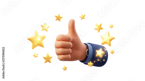 3d rendered hand gesture thumb up with gold star rating icon