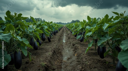 A spacious field with long rows of green eggplant bushes receding into the distance under a cloudy sky.