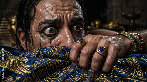 Pharaoh waking up in a cold sweat from his terrifying nightmare of seven gaunt cows devouring seven fat cows