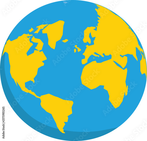Stylized globe world map with blue ocean and yellow continents
