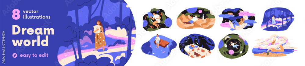 Naklejka premium Fantasy dreams of characters. Dream, sleep with magic worlds. Fantasy adventures during sleep. Fiction travel in space, fly in fiction, fairytale. Mystery and imagination. Flat vector illustrations