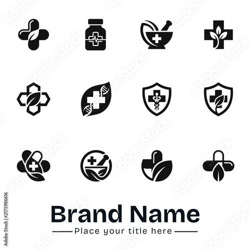 Herbal Medicine, Pharmacy, and Natural Healthcare Vector Icon Set, Minimalist Black Leaf Cross, Mortar Pestle, Medicine Bottle, Capsule Pill, DNA, Shield, and Naturopathy Symbols for Web UI
