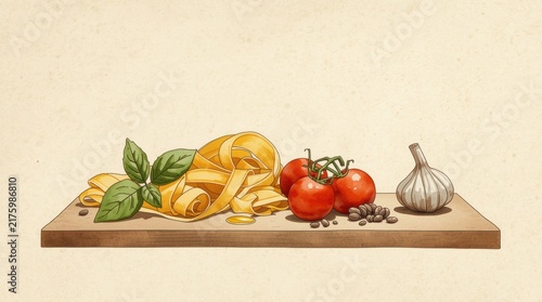 The ingredients for preparing Italian pasta are laid out on a wooden board: fresh tomatoes on a branch, garlic, greens and a nest of long noodles.