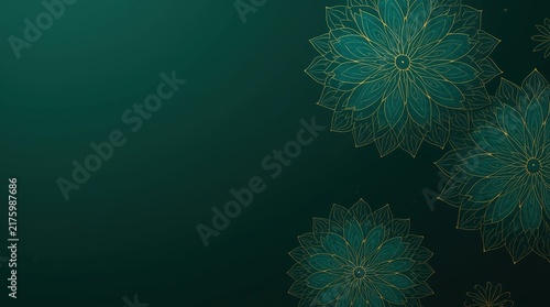 dark green textured background, decorated with elegant patterns in the form of mandalas and plant motifs on the edges.