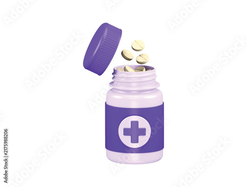 Medicine capsule bottle with medical cross symbol and capsules icon 3D render illustration isolated