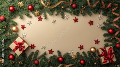 Festive Christmas background with coniferous branches, Christmas tree layers, stars and gifts arranged in a circle and leaving an empty space in the center.