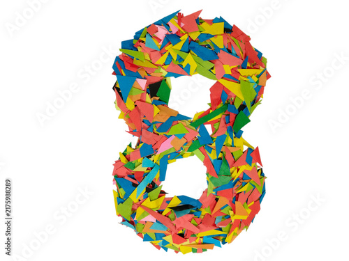 Colorful geometric number eight design with flowers isolated on white background
