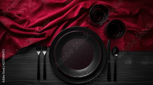 Against the background of the flowing dark red fabric, an elegant table setting is presented with black matte dishes, glasses and cutlery to match the tone on a dark wooden surface.