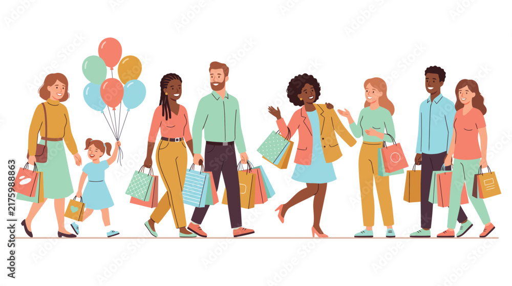 Obraz premium Happy shoppers vector illustration set with diverse people carrying shopping bags and colorful balloons on a white background