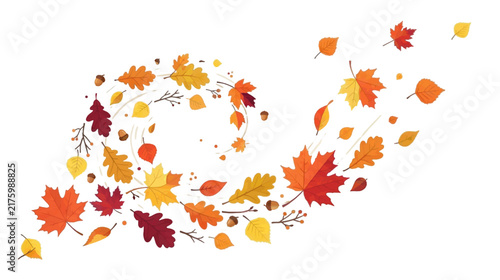 Dynamic Autumn Leaves Swirling Wind Maple Oak Birch Fall Vector Illustration