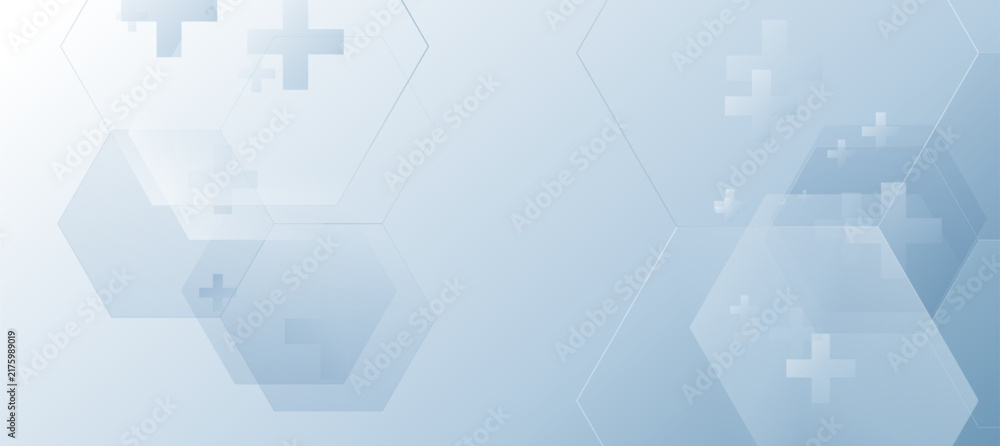 Fototapeta premium Abstract Medical Technology Background with Light Blue Geometric Hexagons and Cross Icons