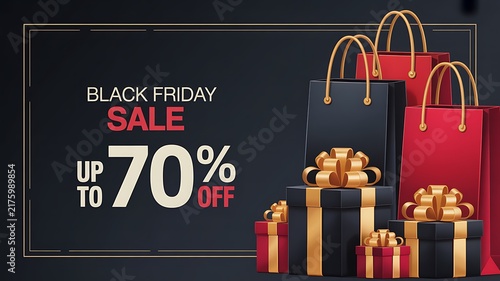 Black friday sale banner with shopping bags and gift boxes featuring seventy percent discount offer text