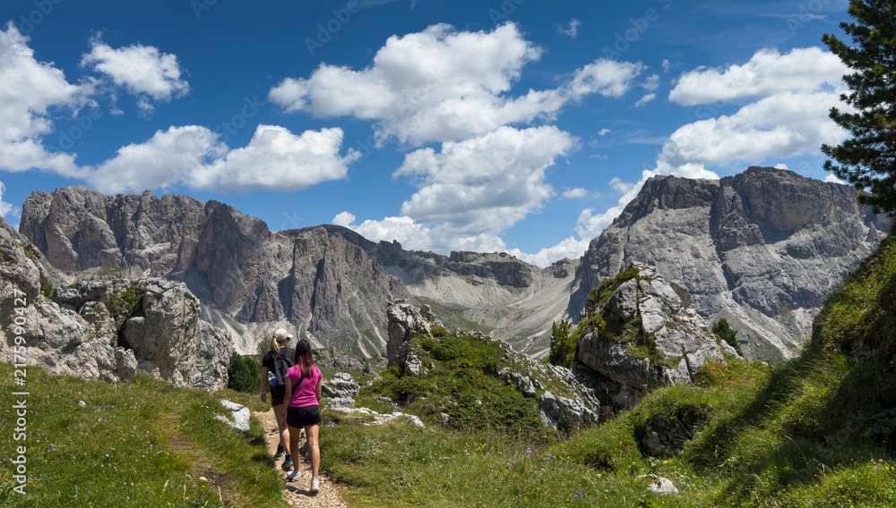 Naklejka premium hiking in the mountains, The dolomites, Val Gardena, Italy 