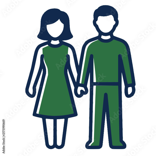 Minimalist icon of a man and woman holding hands representing a couple, relationship, and partnership in green and blue colors.