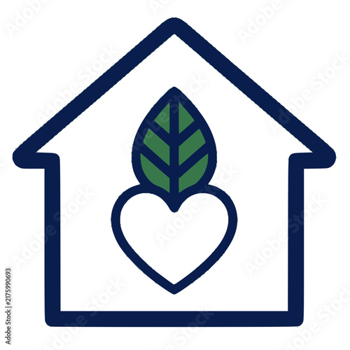 Minimalist eco-friendly home icon featuring a house outline, heart, and green leaf representing sustainable living, environmental conservation, and organic real estate concepts.