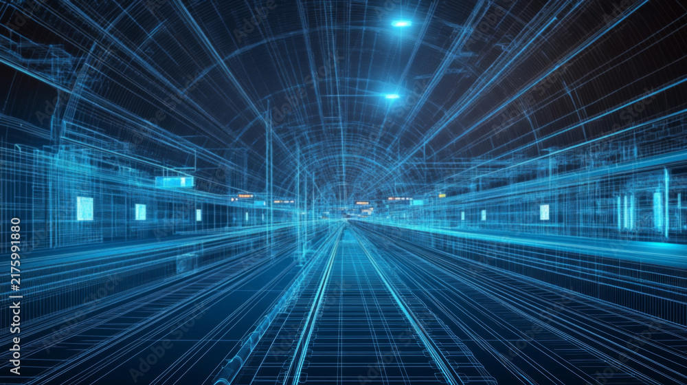 Obraz premium Wireframe of Subway Tunnel with Futuristic Perspective