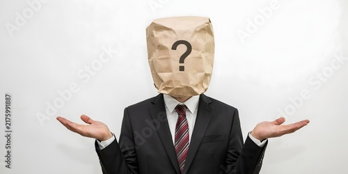 Confused Businessman With Question Mark Paper Bag Representing Uncertainty Decision Making Doubt And Mystery