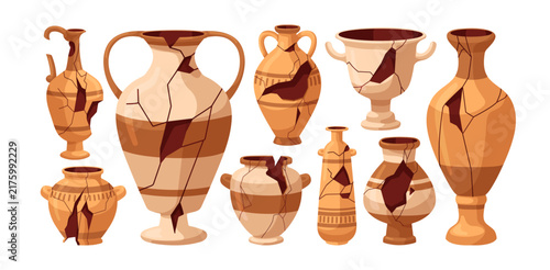 Broken vases, pots, jugs. Broken old clay pottery. Old ancient antique cerami...