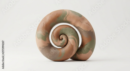 Abstract Marbled Clay Spiral Sculpture in Earth Tones Isolated on White Background. Minimalist Handcrafted Ceramic Art with Organic Textures and Snail Shape.