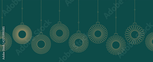 Minimalist golden line Christmas tree hanging round ball, toy, bauble border. Simple winter decorative holiday vector seamless background.