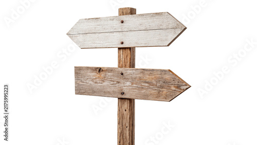 Foto Rustic wooden arrow signpost isolated on transparent background blank directiona
