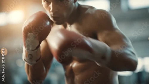 Boxer in red gloves posing.