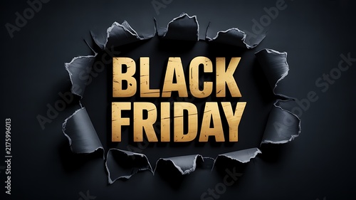 Black friday gold text emerging from a dark torn paper background for a promotional shopping event sale