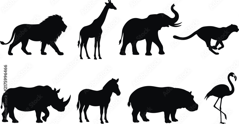 Fototapeta premium African Safari Wildlife Animals Black Silhouette Vector Set Isolated on White Background