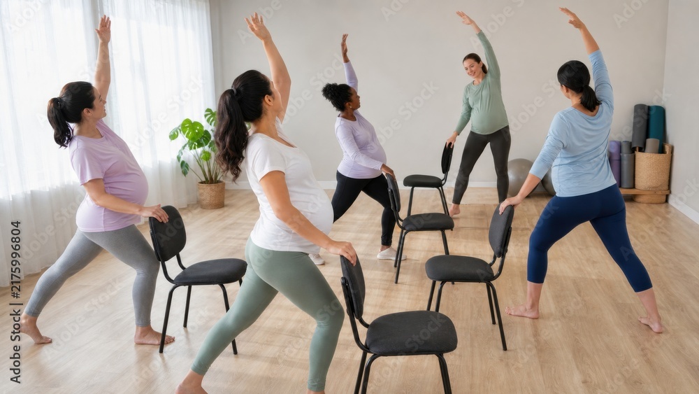 Fototapeta premium Prenatal group mobility class: A diverse small group of pregnant adults follows a physiotherapist through gentle stretching with chairs for support