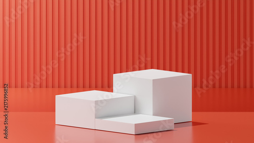 3 cubes on White color, Coral Red base color, stripped Coral Red background