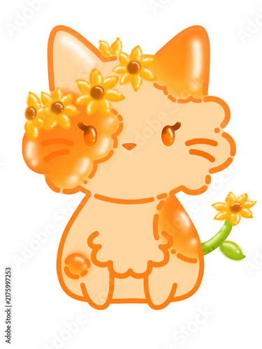 Cute Kawaii Sunflower Cat Character Illustration, Adorable Jelly Orange Kitten with Floral Crown, Chibi Sunflower Kitty Vector Cartoon Asset for children's design, sticker, cheerful greeting card. 