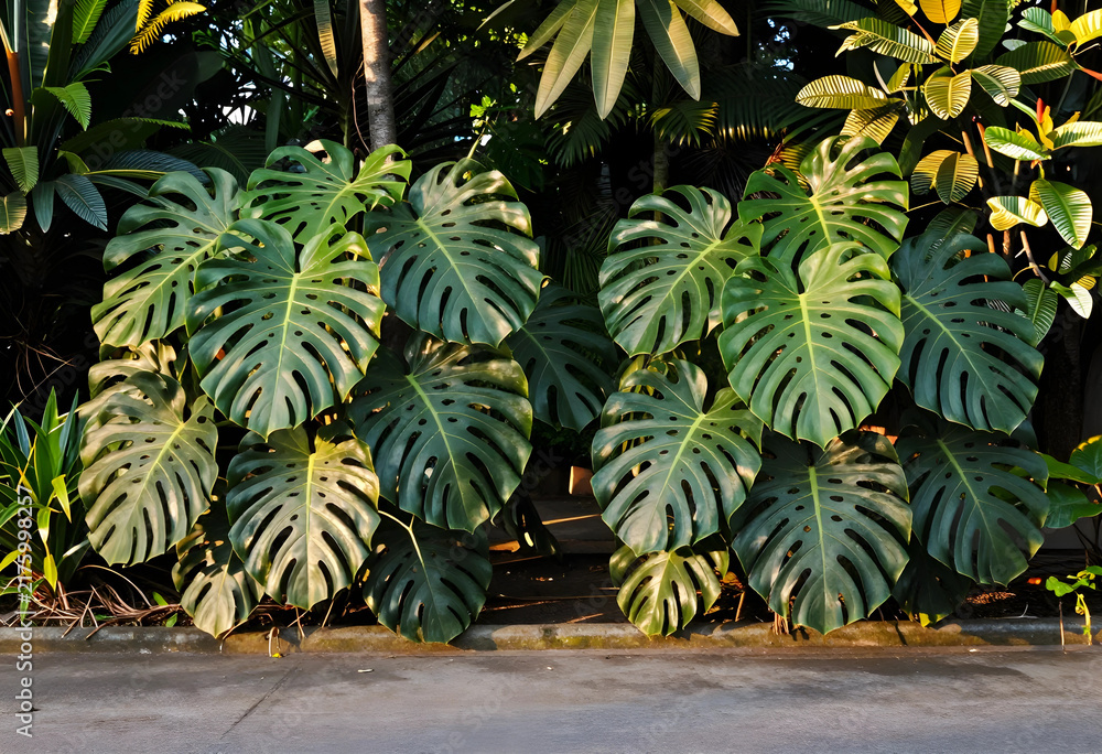Fototapeta premium Biophilic design and urban gardening, large monstera deliciosa leaves in a tropical garden setting with sunlight and shadows on a concrete sidewalk