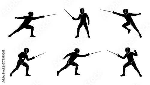 Cuadro en lienzo Fencing Silhouettes: Dynamic Poses of Athletes in Combat, Sport Action Vector Se