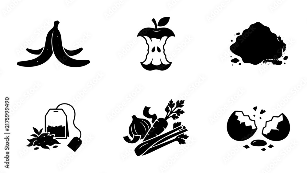 Fototapeta premium Composting Icons Set: Organic Waste Vector Graphics for Sustainable Living, Eco-Friendly Food Scraps and Garden Materials Collection