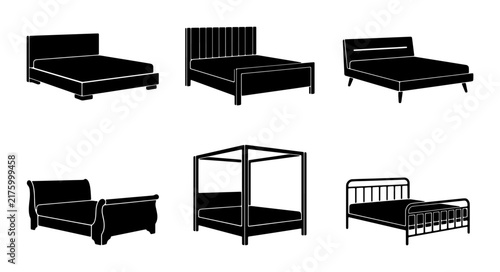 Bild auf Leinwand Diverse Bed Silhouettes Collection, Modern and Classic Furniture Designs, Bedroo