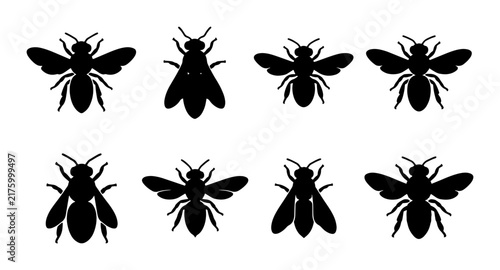 Set of 8 Black Bee Silhouettes, Insect Vector Icons, Flying Winged Creatures, Nature Wildlife Graphics, Simple Minimalist Design