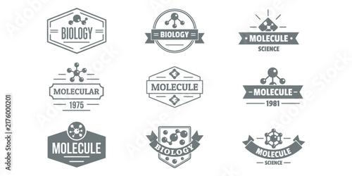 Flat vector illustration science molecular biology emblem design, geometric chemistry badge set, laboratory research logo, educational scientific branding artwork collection