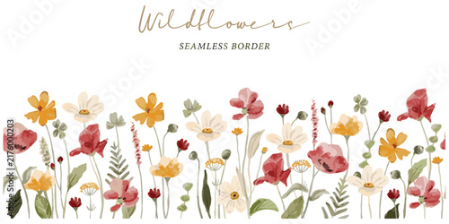 Flat vector illustration seamless wildflowers border design, decorative floral artwork, colorful botanical pattern, vintage nature motif, ornamental garden flower artwork