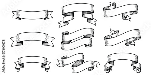 Flat vector illustration vintage hand drawn ribbon banner set, decorative scroll design, retro style artwork, classic ornamental graphic collection