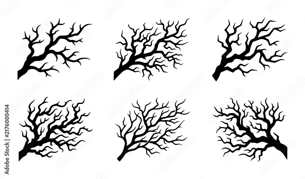 Obraz premium Vector Set of Six Stylized Bare Tree Branches, Black Silhouette Designs for Autumn, Winter, and Nature Graphics