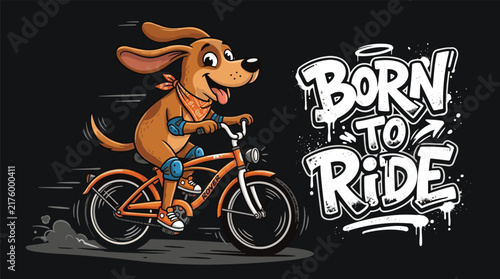 Playful flat vector illustration of cartoon dog riding bicycle with bandana sneakers motion lines born to ride typography design