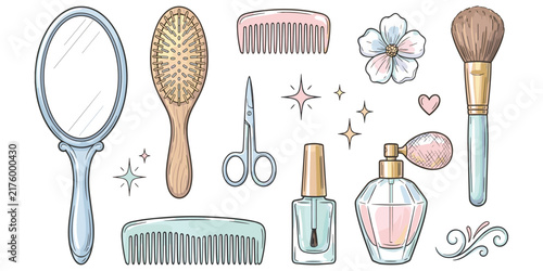Pastel flat vector illustration of beauty grooming tools including mirror hairbrush comb scissors makeup nail polish perfume flower decorative design