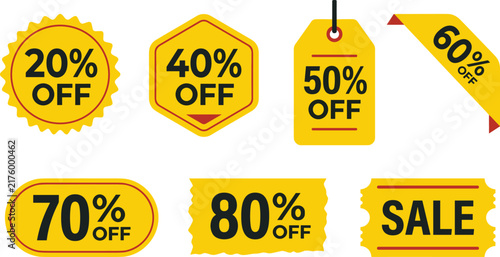 Yellow Retail Promotion Discount Badge Vector Set Featuring Starburst Stickers, Hexagonal Labels, Price Tags, and Corner Ribbon Banners for Shopping Offers and E-commerce Designs