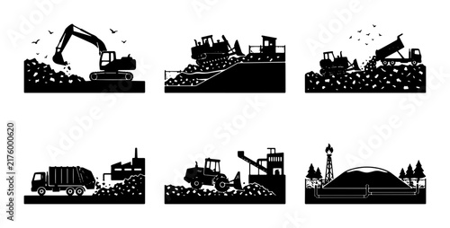 Fotografía Construction and Industrial Machinery Icons Set, Heavy Equipment Silhouettes, Ex