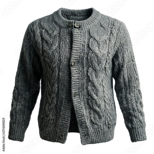 Cardigan sweater wool, grey knitted garment isolated on a transparent background featuring textured cable patterns for autumn winter fashion concepts