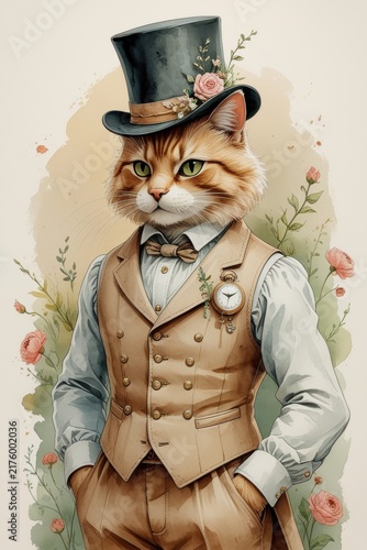 Anthropomorphic fluffy cat dressed in an elegant three-piece suit of the Victorian era and a black top hat with roses, supplemented with pocket watches.