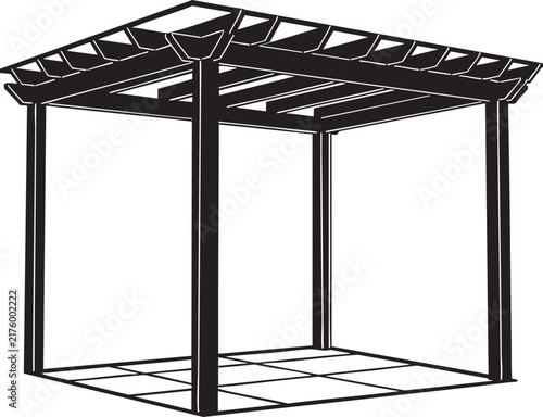 Perspective view silhouette of a square wooden pergola with open